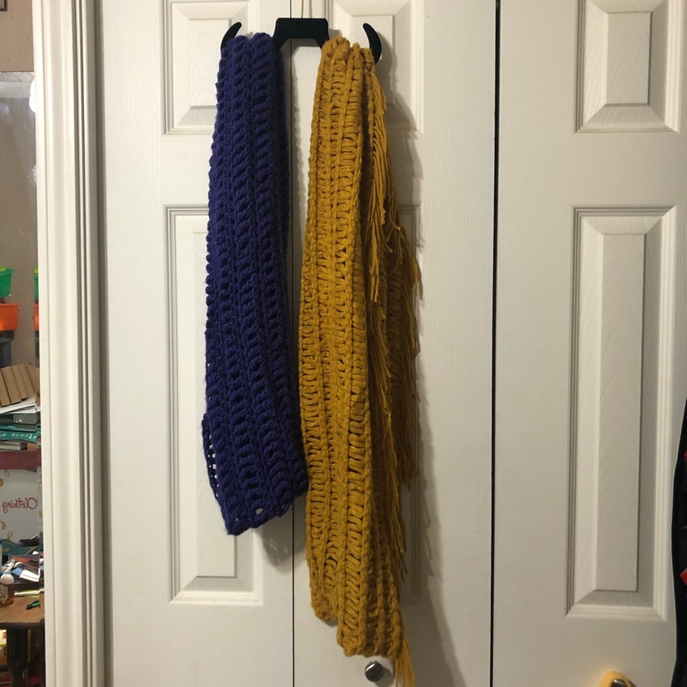 Set of 2 crocheted infinity scarves, purple and mustard yellow